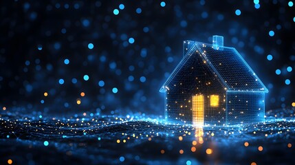 Leinwandbilder - Futuristic wireframe house glows with warmth against a digital backdrop. A smart home concept with interconnected lines and orbs, suggesting technology and comfort. Abstract dark blue wireframe.