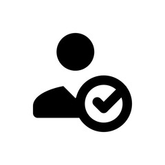Poster - Person icon with a check mark indicating verification or approval in a simple black and white design style