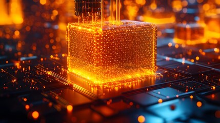 Leinwandbilder - A futuristic visualization of advanced technology. A glowing cube rests on a circuit board with orange connectors and lines, set against a bokeh background. Abstract dark blue wireframe