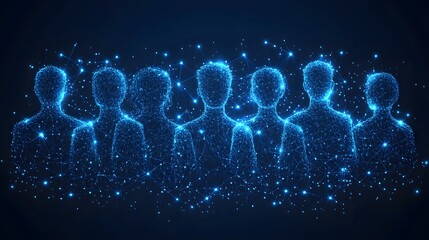 Fototapete - A futuristic display showcases interconnectedness, depicting human figures as glowing blue networks, reflecting modern technology and collective identity. Abstract dark blue wireframe