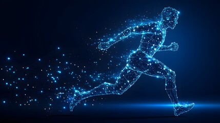 Poster - Futuristic runner depicted as light points and lines against a dark blue backdrop. Captures dynamic motion, energy, and speed with modern, tech aesthetic. Abstract dark blue wireframe