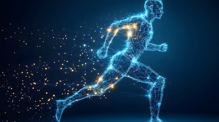 Poster - Futuristic runner visualized as a network of light, symbolizing technology and speed. The figure's dynamic pose and vibrant colors pop against the deep blue background. Abstract dark blue wireframe