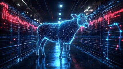 Leinwandbilder - Futuristic scene blending agriculture and technology. A wireframe cow stands amidst illuminated server racks with data waveforms, symbolizing data-driven farming. Abstract dark blue wireframe.