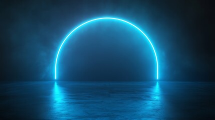 Poster - Abstract minimalist background with neon blue glowing circle shape on a dark reflective floor creating a modern futuristic ambiance