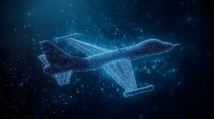 Poster - Futuristic airplane wireframe glows against a dark blue backdrop. Interconnected nodes and lines create a mesh effect. Glowing dots add depth, showcasing digital design. Abstract dark blue wireframe