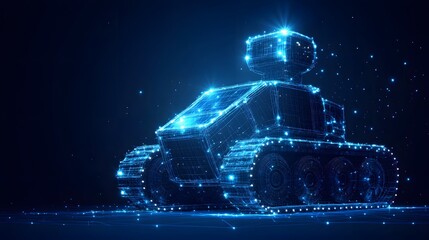 Aufkleber - Futuristic wireframe tank design against a deep blue backdrop, evoking a high-tech holographic or blueprint aesthetic. Glowing blue lines and dots create a striking effect. Abstract blue wireframe.