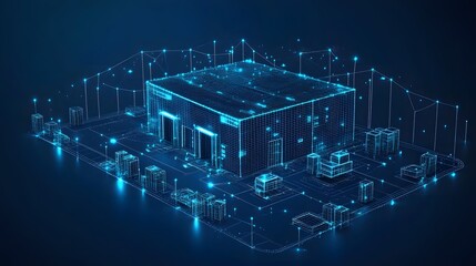 Aufkleber - Futuristic blue wireframe building complex against a dark blue backdrop. High-tech data center or smart city concept, highlighting connectivity and digital infrastructure. Abstract blue wireframe.