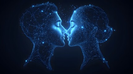 Fototapete - Futuristic digital love. Two faces connect in glowing blue lines, poised for a kiss. Represents connection, future, and technology. Great for tech or love themes. Abstract dark blue wireframe