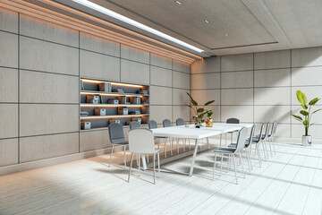 Aufkleber - Modern conference room with sleek furniture, wood panel walls, built-in shelving, and indoor plants in natural daylight setting. 3D Rendering. 3D Rendering