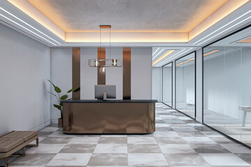 Aufkleber - Modern office reception with metallic desk, ambient ceiling light, and glass-panel walls in minimalistic design. Elegant professional background.. 3D Rendering