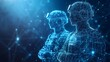 © ainynoer - Futuristic soldiers rendered as glowing blue wireframes stand guard. Their crossed arms and military gear suggest protection. Abstract networks evoke digital warfare, Abstract dark blue wireframe.