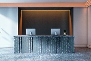 Poster - Modern reception desk mockup in stylish interior with blank computer screens and clean background for branding and design presentation template. 3D Rendering