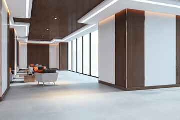Aufkleber - Modern luxury office lounge interior with minimalist furniture, wood accents and ambient lighting in city high-rise environment concept. 3D Rendering