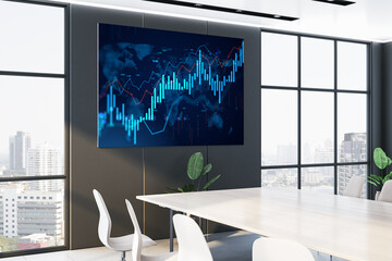 Fototapete - Modern office conference room with city view and digital screen displaying financial stock market analysis chart and forex data visualization. 3D Rendering