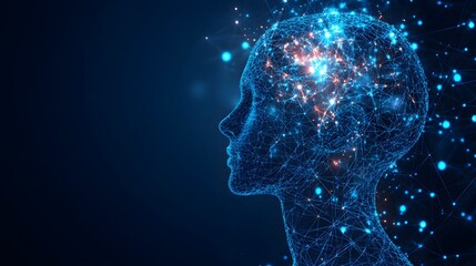 Fototapete - Abstract wireframe head representing AI, neural networks, and data processing. Glowing nodes highlight brain activity, set against a dark blue gradient. Abstract dark blue wireframe