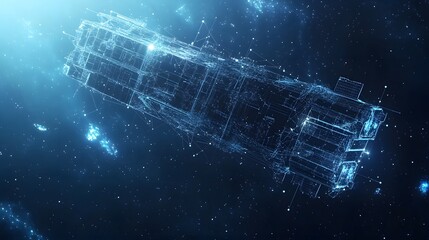 Leinwandbilder - Futuristic spacecraft glimmers in starlit expanse, showcasing advanced technology amid vast cosmic wonders. Ideal for science fiction or cutting-edge innovation concepts. Abstract dark blue wireframe