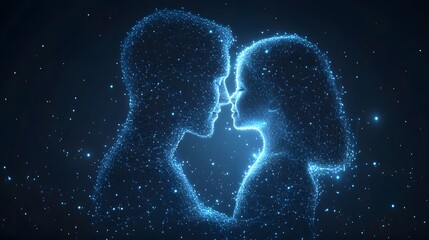 Poster - Digital love in the age of connectivity. Outlines glow in the dark space, illustrating an intimate connection. Conceptual, modern, and romantic Abstract dark blue wireframe.