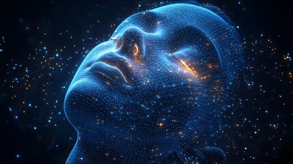 Aufkleber - Futuristic visualization of a human head in wireframe, bathed in a dynamic interplay of blue and orange lights. Represents advanced technology. Abstract dark blue wireframe.