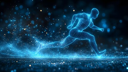 Aufkleber - Dynamic neon runner suspended in a flurry of sparkling particles. A vibrant, energetic image perfect for fitness, technology, or innovation themes. Abstract dark blue wireframe