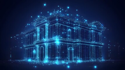 Leinwandbilder - Futuristic wireframe rendering of classical architecture, featuring glowing blue lines and orbs against a dark background. Ideal for technology or design themes. Abstract dark blue wireframe
