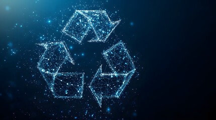 Poster - A futuristic blue recycling symbol glows, representing sustainability in a digital age. Interconnected lines and points evoke high-tech environmental awareness. Abstract dark blue wireframe