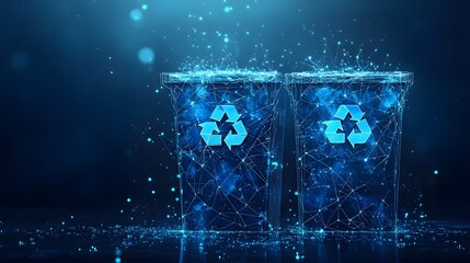 Aufkleber - Futuristic recycling bins glow in a digital world, symbolizing sustainable tech. Mesh design with bright recycling logos create a modern, eco-friendly vibe. Abstract dark blue wireframe