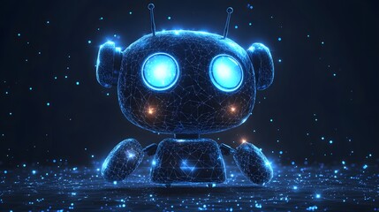 Fototapete - Futuristic wireframe robot radiating charm with glowing blue lights against a dark, digital backdrop. A high-tech digital creation with a cute and innocent look. Abstract dark blue wireframe