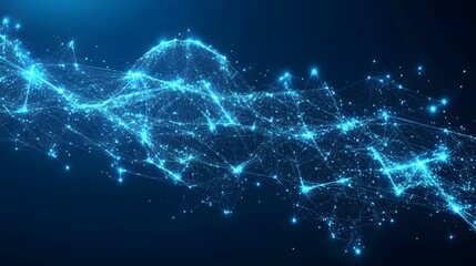 Leinwandbilder - A vibrant, interconnected network of glowing nodes. Data streams dance across a digital canvas, representing communication, social dynamics, or technological advancement. Abstract dark blue wireframe.