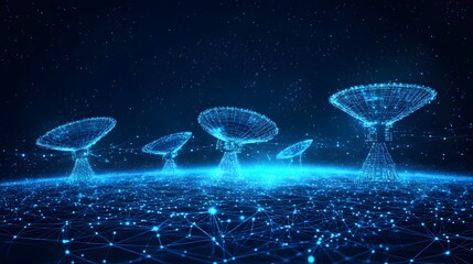 Aufkleber - Neon blue satellite dishes hover above a glowing digital network against a starry sky. A futuristic, high-tech scene perfect for illustrating connectivity and innovation. Abstract dark blue wireframe