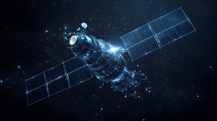 Poster - A futuristic satellite glows amidst a star-studded canvas, its solar panels capturing light. Digital design meets cosmic vastness, inspiring technological advancement. Abstract dark blue wireframe