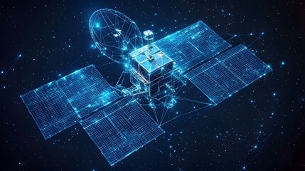 Poster - Futuristic satellite in space showcases advanced tech with glowing blue wireframes against a star-filled sky. Ideal for illustrating innovation, communication, and Abstract dark blue wireframe.