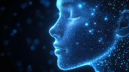 Leinwandbilder - Abstract digital face profile art. Blue lines connect like stars, forming a modern, futuristic portrait. Dark background emphasizes the bright, techy design. Abstract dark blue wireframe
