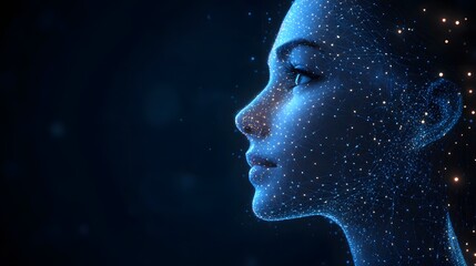 Fototapete - Digital woman profile evokes futuristic tech. Network of light and lines create a modern aesthetic, perfect for illustrating AI, connectivity, or technology. Abstract dark blue wireframe