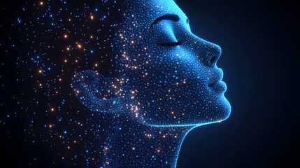 Poster - Abstract digital portrait of a serene woman, composed of interconnected blue lines and contrasting orange dots, evoking technology and tranquility. Abstract dark blue wireframe.