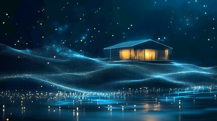 Aufkleber - Glowing house atop a digital terrain, radiant with golden light. Blue grid landscape meets a reflective horizon under a starry particle sky. Abstract dark blue wireframe