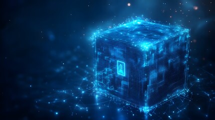 Aufkleber - Futuristic glowing blue cube with a lock icon symbolizes digital security. A network of lights conveys connectivity, set against a deep blue backdrop. Abstract dark blue wireframe