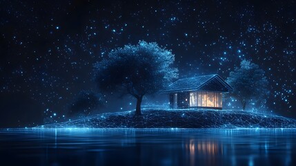 Poster - Futuristic glass house reflecting in water under a starry sky. Digital wireframe hill and illuminated home create an otherworldly scene, perfect Abstract dark blue wireframe