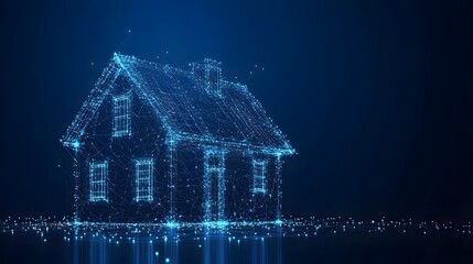 Fototapete - Futuristic digital house rendering with interconnected blue lines and a reflective ground. Ideal for illustrating smart home technology and modern digital infrastructure. Abstract dark blue wireframe