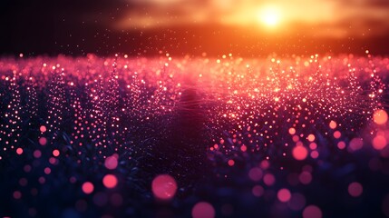 Poster - A captivating field glows with surreal light at twilight. Red and pink points illuminate dark vegetation, creating an ethereal, magical landscape. Abstract dark blue wireframe