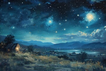 Wall Mural - 1970 night sky painting landscape astronomy.