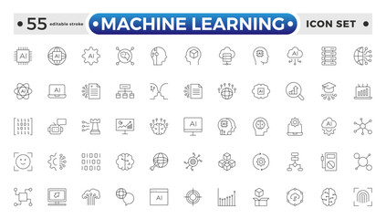 Fototapete - Machine Learning outline icon. AI technology icons for web and mobile app. Machine learning, digital AI technology, algorithm, smart robotic, cloud computing network. Editable stroke outline icon.
