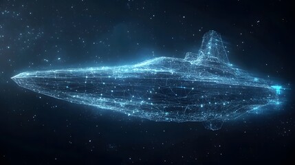 Poster - Futuristic spaceship wireframe glows brightly against a star-filled backdrop. Interconnected lines form a digital vessel, a symbol of space exploration and innovation. Abstract dark blue wireframe