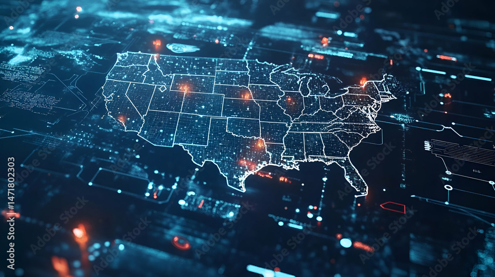 Digital Map of the United States with Glowing Network Connections Stock ...