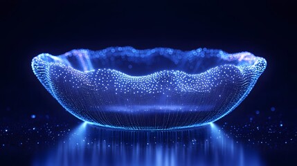 Poster - A captivating bowl of radiant blue dots, shimmering in a digital space. Modern, technological aesthetic with a shallow focus. Perfect for futuristic designs. Abstract dark blue wireframe