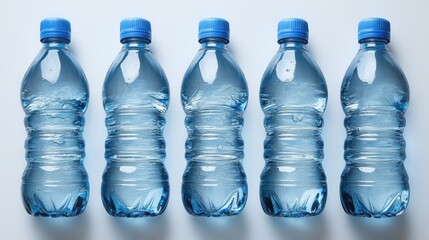 Poster - Row of five identical blue-tinted plastic water bottles filled with clear water, evenly spaced on a white surface, overhead view
