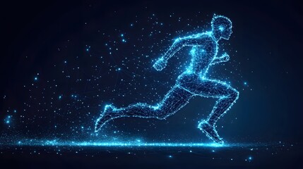 Poster - Dynamic, luminous runner visualized as a futuristic network of light. Motion and energy captured in digital art, perfect for tech or fitness concepts. Abstract dark blue wireframe