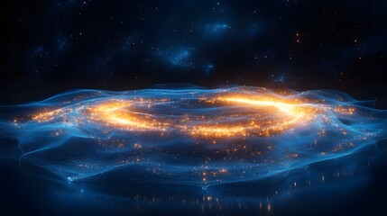 Poster - A celestial dance unfolds, stars illuminating a mysterious landscape. Golden lights pierce the abstract form, creating a mesmerizing spectacle. Abstract dark blue wireframe.