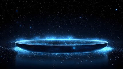 Poster - Glowing platform amidst a starlit expanse, radiating energy. Blue particles dance around, hinting at advanced tech. A futuristic scene invoking innovation. Abstract dark blue wireframe