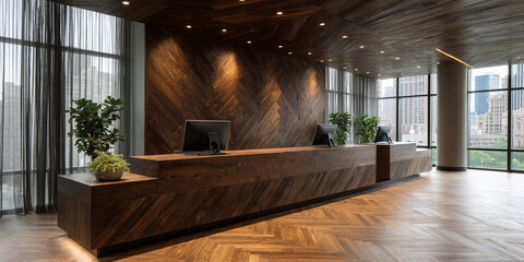 Aufkleber - Modern reception desk with dark wood herringbone pattern, two monitors, and potted plants, showcasing upscale business interior design, ideal for corporate branding