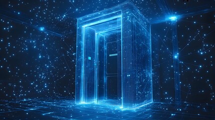 Fototapete - Step into a digital realm with this futuristic elevator. Blue wireframes and glowing dots create a cyberspace ambiance. Ideal for tech, gaming or sci-fi themes. Abstract dark blue wireframe